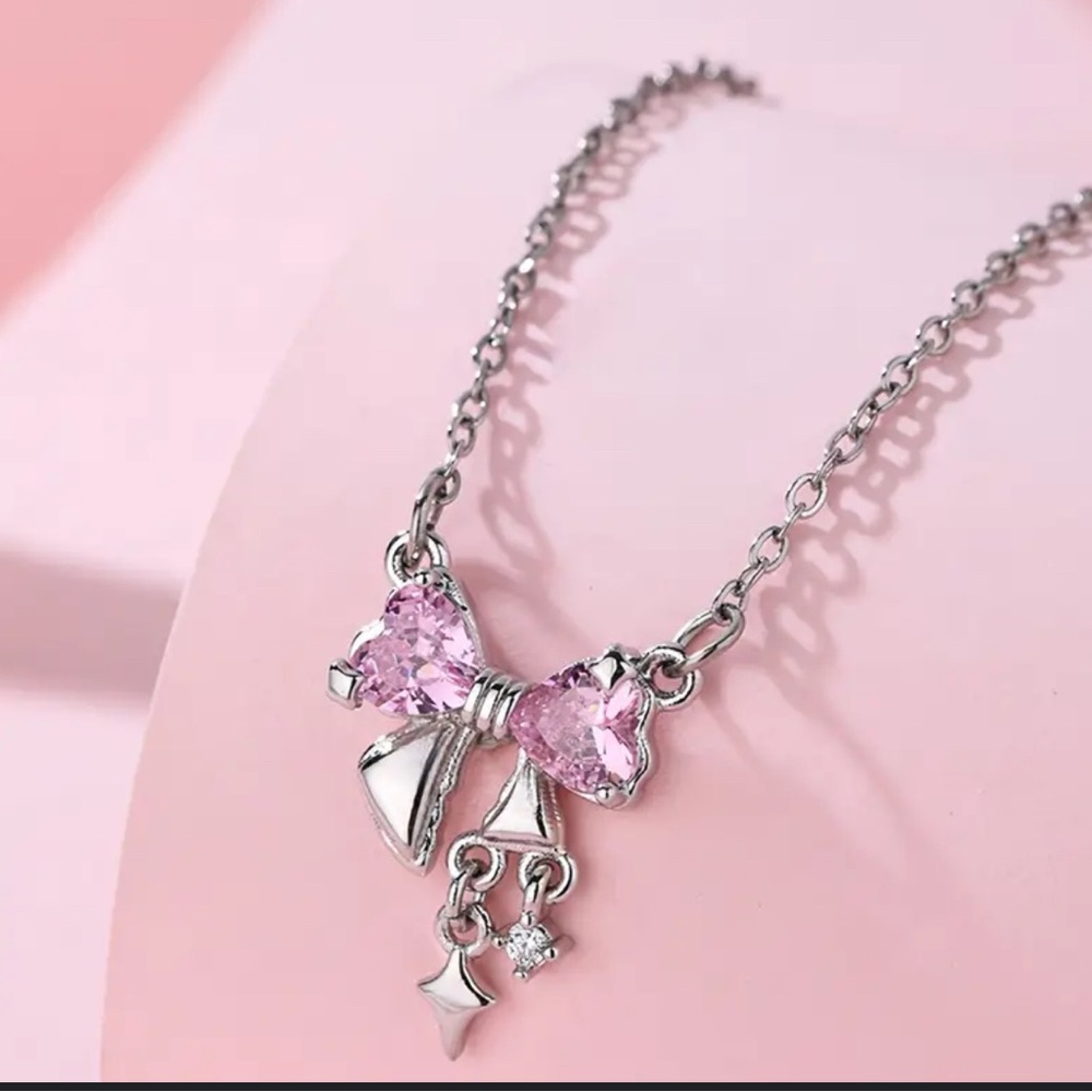 Elegant Pink Sweetheart Bow Pendant Necklace
